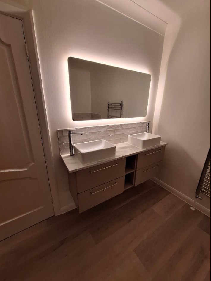 Double Vanity & LED Mirror by Bhatt Plumbing & Heating